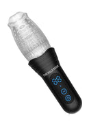 The Male Rose Pro Thrusting Rotating Masturbator Black/Clear with digital controls and textured sleeve.