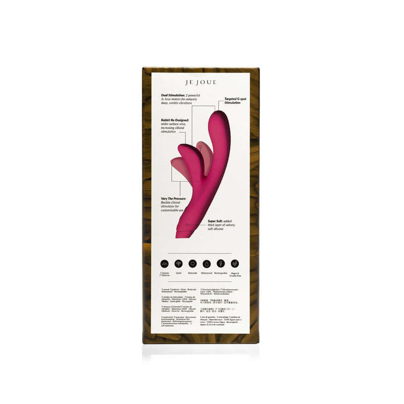 Je Joue Hera Rechargeable Silicone Rabbit Vibrator Fuchsia packaging back view with product features and details.