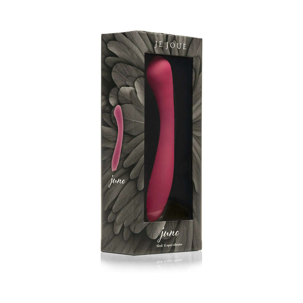 Je Joue Juno Rechargeable Silicone G-Spot Vibrator Fuchsia in stylish packaging on display.