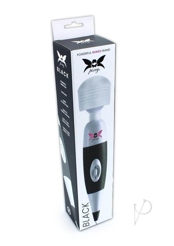 Pixey Powerful Wand Black Edition box packaging showing powerful wired wand design and features.