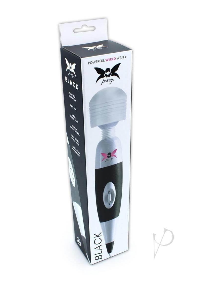 Pixey Powerful Wand Black Edition box packaging showing powerful wired wand design and features.