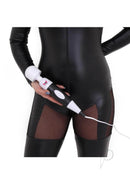 Woman in black bodysuit holding the Pixey Powerful Wand Black Edition for pleasure and relaxation.