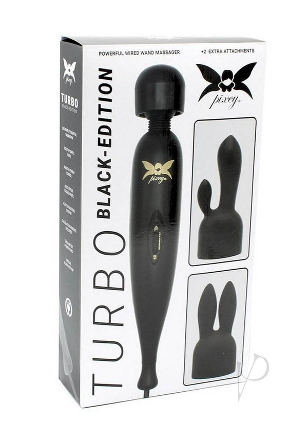 Pixey Powerful Turbo Wand Black packaging showcasing the powerful wired wand massager with two extra attachments.