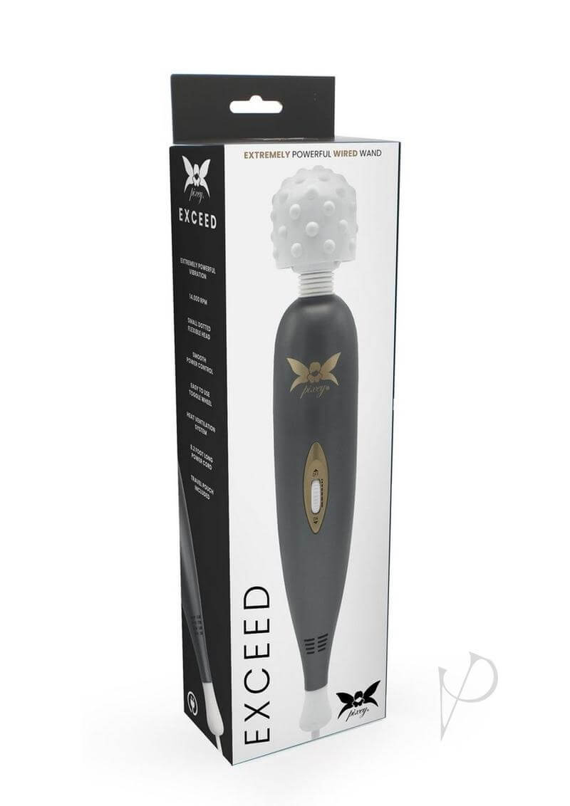Pixey Exceed V2 Body Wand Grey, powerful vibrator wand in packaging, designed for pleasure and relaxation.