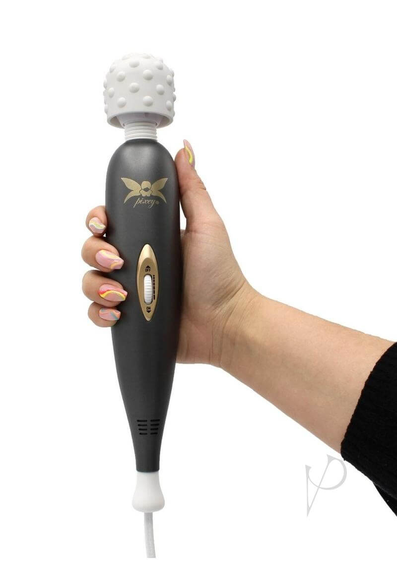 Pixey Exceed V2 Body Wand Grey held in hand, showcasing powerful vibrator design and functionality.