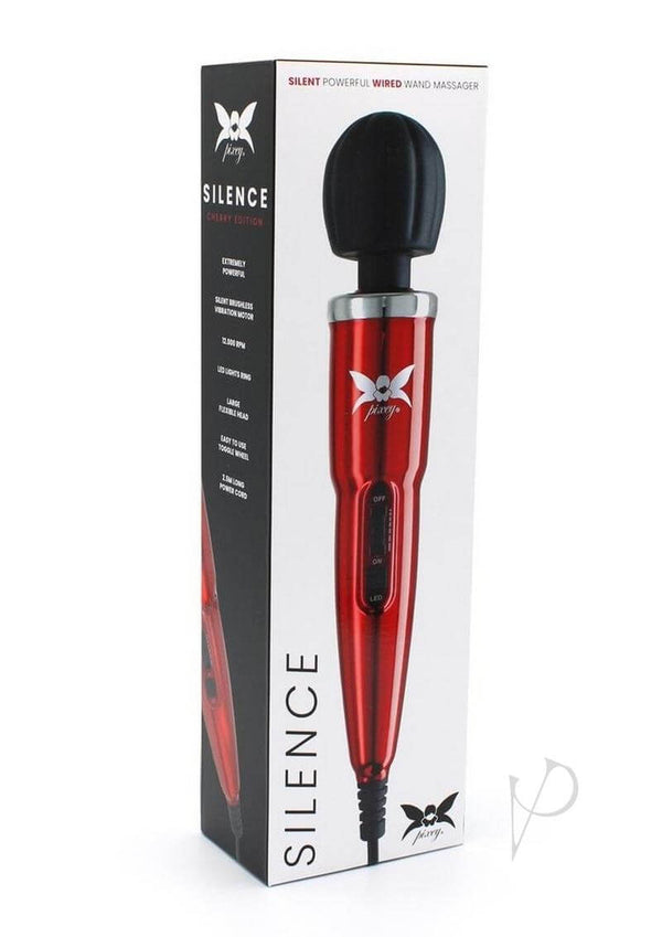 Pixey Silence Body Wand Cherry Edition Red in packaging, featuring a sleek design and quiet motor for ultimate relaxation.
