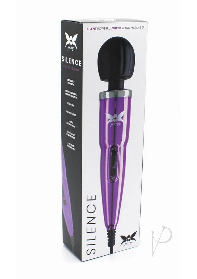 Pixey Silence Body Wand Violet Edition Purple packaging showcasing its sleek design and key features of powerful silent massage.