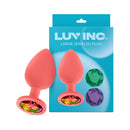 Luv Inc JP33 Jeweled Large Silicone Butt Plug Coral with interchangeable jeweled base and sleek silicone design.
