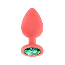 Luv Inc JP33 Jeweled Large Silicone Butt Plug Coral with green jeweled base and smooth tapered body.