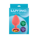 Luv Inc JP33 Jeweled Large Silicone Butt Plug Coral with interchangeable gems in packaging.
