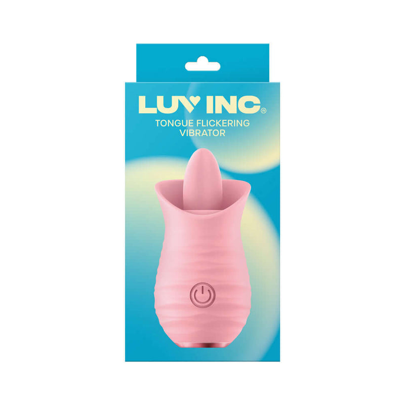 Luv Inc Tongue Flickering Vibrator Clitoral Stimulator Pink packaging featuring a flexible silicone tip.