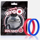 Screaming O Ring O Pro XXL Silicone Cock Ring Red in packaging with size details and colorful rings.