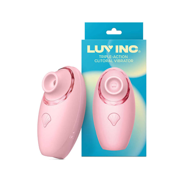 Luv Inc Triple Action Clitoral Vibrator Pink with packaging showcasing its suction, tapping, and vibration features.