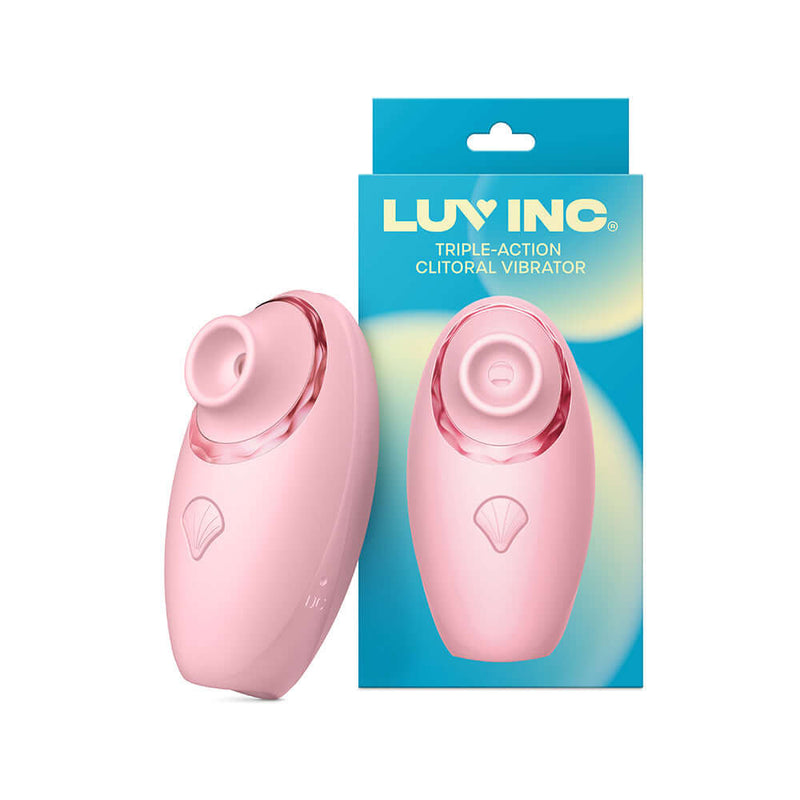 Luv Inc Triple Action Clitoral Vibrator Pink with packaging showcasing its suction, tapping, and vibration features.