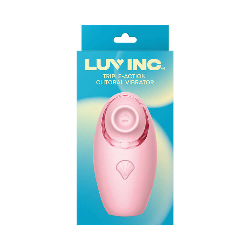 Luv Inc Triple Action Clitoral Vibrator Pink in packaging showcasing its design and features.