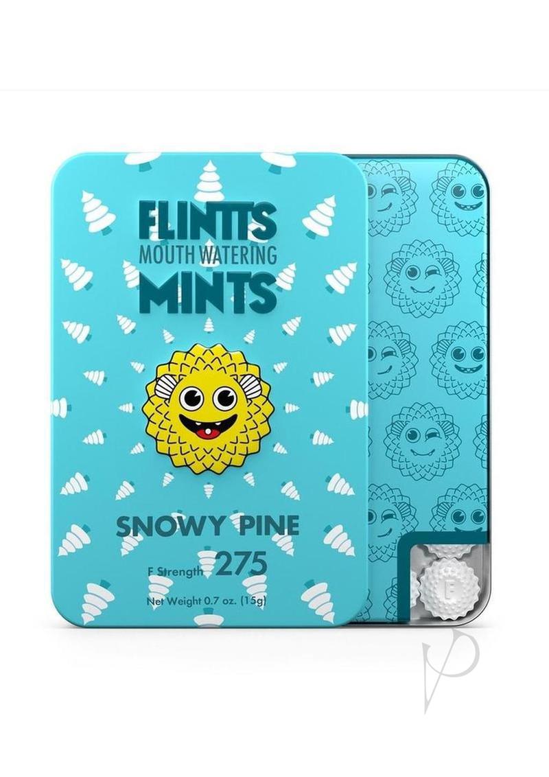 Flintts Mints Mouth Watering Oral Delights Snowy Pine mint tin with joyful design and refreshing flavor.