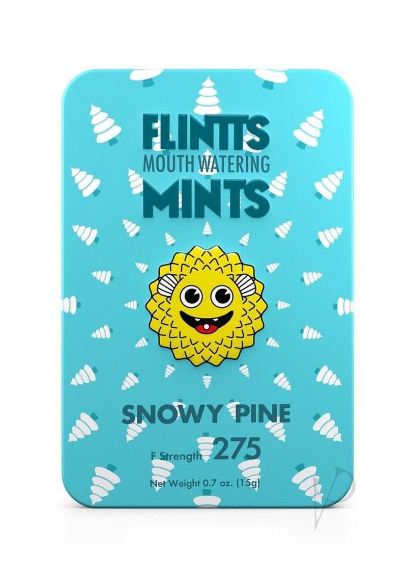 Flintts Mints Mouth Watering Oral Delights Snowy Pine mint tin packaging with cheerful design.