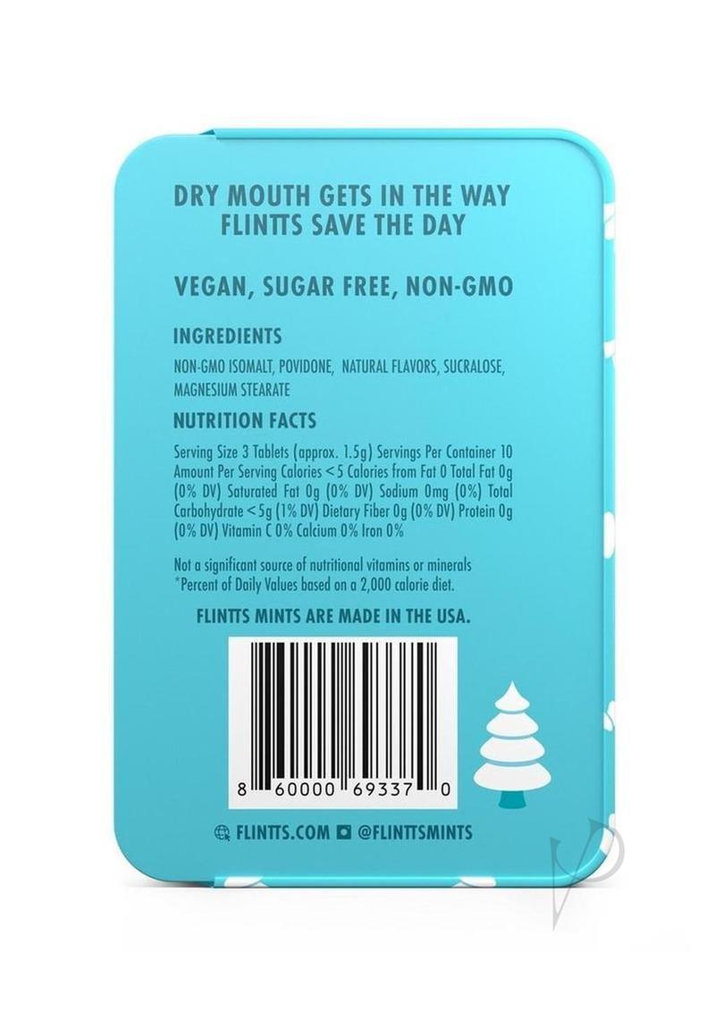 Flintts Mints Mouth Watering Oral Delights Snowy Pine back packaging with ingredients and nutrition facts.