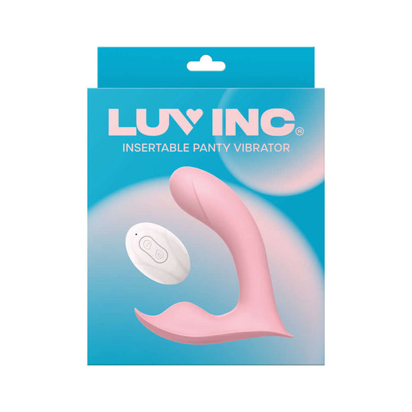 Luv Inc Insertable Panty Vibrator Pink packaging with product design and remote for discreet pleasure.