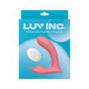 Luv Inc Pv71 Insertable Panty Vibrator Coral packaging with remote control on blue background.