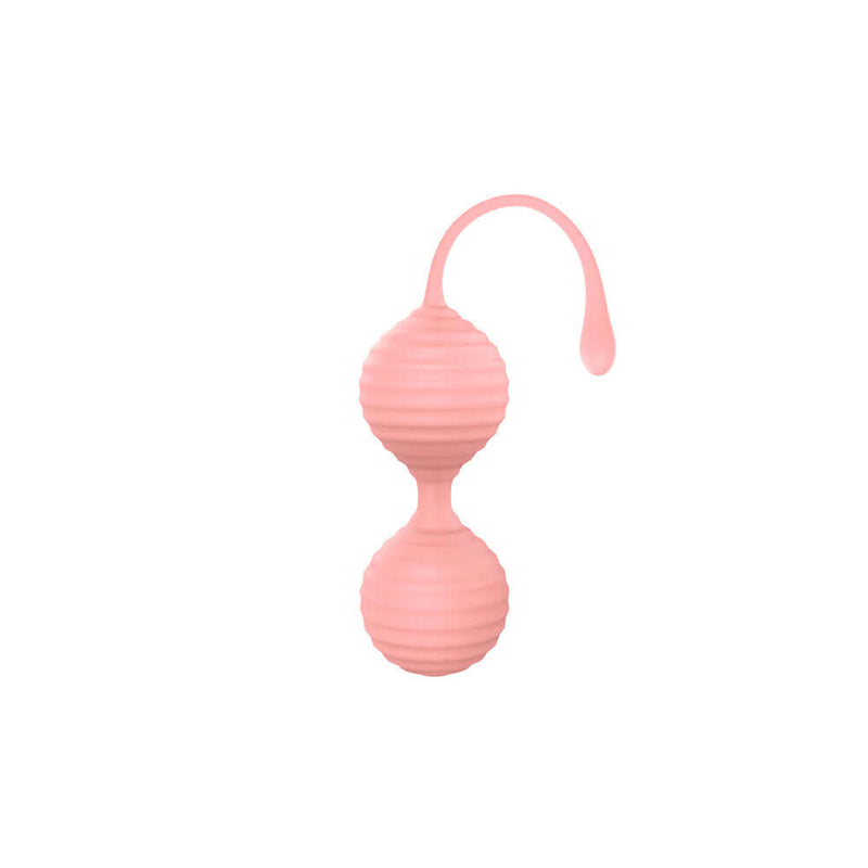 Luv Inc Kegel Balls Ribbed Silicone 2 Piece Set Light Pink displayed on a white background, highlighting its soft ribbed texture.