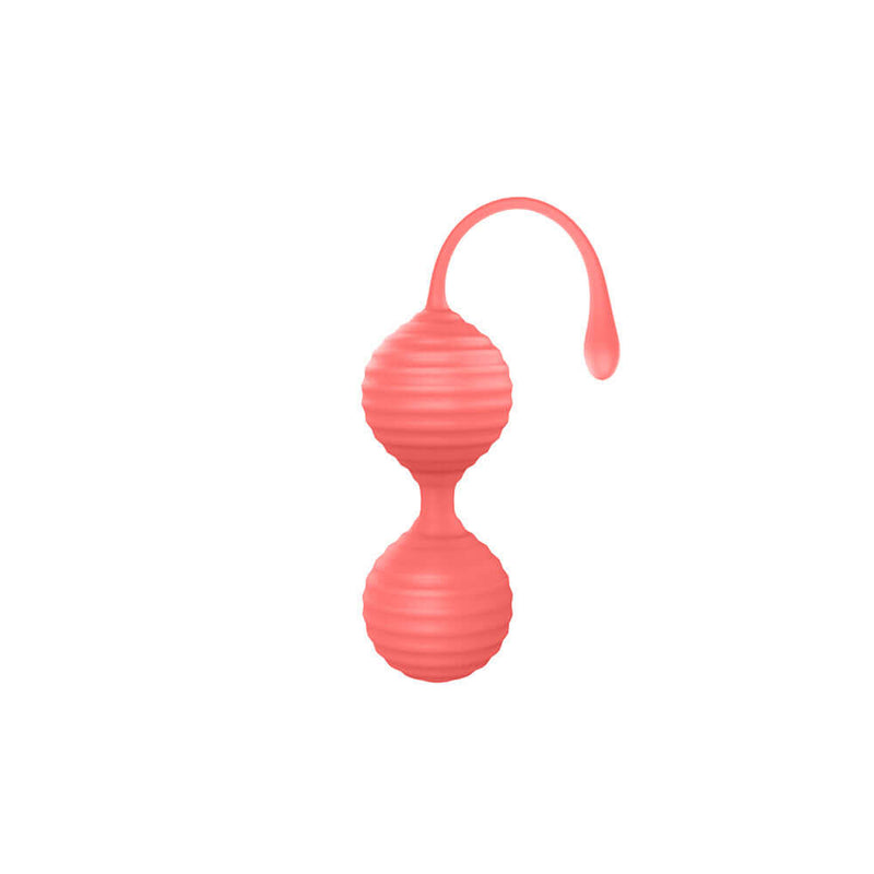 Luv Inc Kg88 Kegel Balls Ribbed Silicone 2 Piece Set Coral in vibrant coral color showing smooth ribbed texture.
