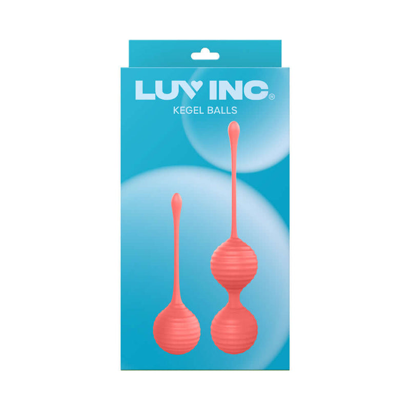 Luv Inc Kg88 Kegel Balls Ribbed Silicone 2 Piece Set Coral in packaging with a blue background.