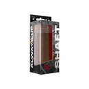 Shaft Model J 7.5 Inch Dual Density Silicone Dildo Oak in packaging with FLEXISKIN liquid silicone.