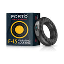 Forto F-15 Rechargeable Silicone Vibrating Cockring Black alongside its packaging, showcasing design and features.