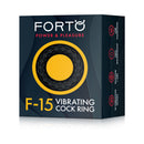 Forto F-15 Rechargeable Silicone Vibrating Cockring Black packaging showcasing design and features.