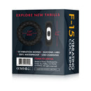 Forto F-15 Rechargeable Silicone Vibrating Cockring Black packaging with details on vibration modes and USB charging.