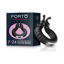 Forto F-24 Silicone Textured Vibrating Cockring Black packaging featuring robust design and textured vibrant details.