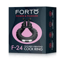Forto F-24 Silicone Textured Vibrating Cockring Black packaging showcasing its design and features.