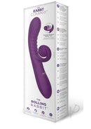 The Rabbit Company Rolling Rabbit Silicone Vibrator Purple packaging showing features and design.