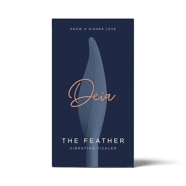 Deia The Feather Vibrating Tickler Silicone Blue packaging featuring sleek design and branding.