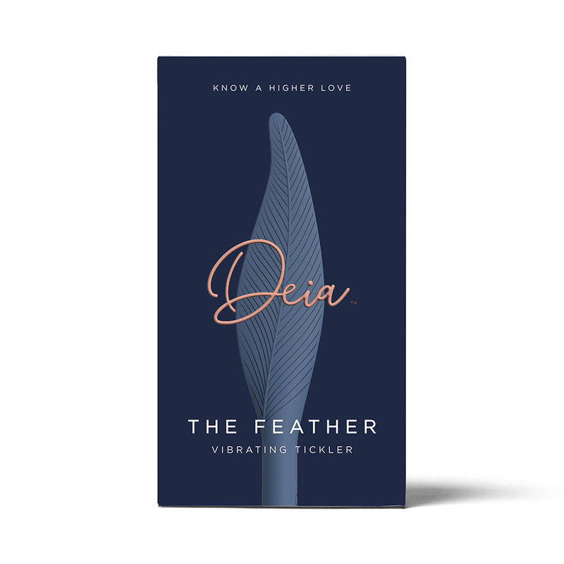 Deia The Feather Vibrating Tickler Silicone Blue packaging featuring sleek design and branding.