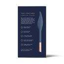 Deia The Feather Vibrating Tickler Silicone Blue packaging with features and usage instructions on a navy background.