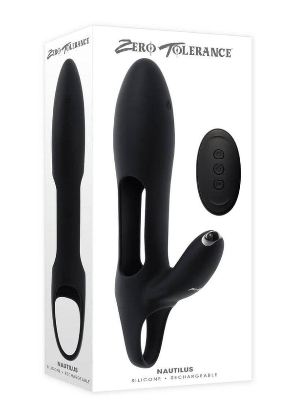 Zero Tolerance Nautilus rechargeable silicone dual cock ring packaging with remote control, in sleek black design.