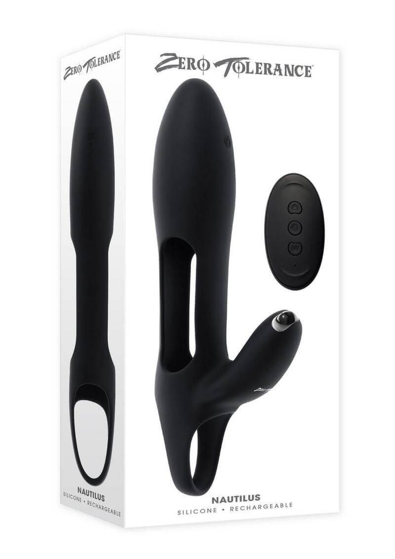 Zero Tolerance Nautilus rechargeable silicone dual cock ring packaging with remote control, in sleek black design.