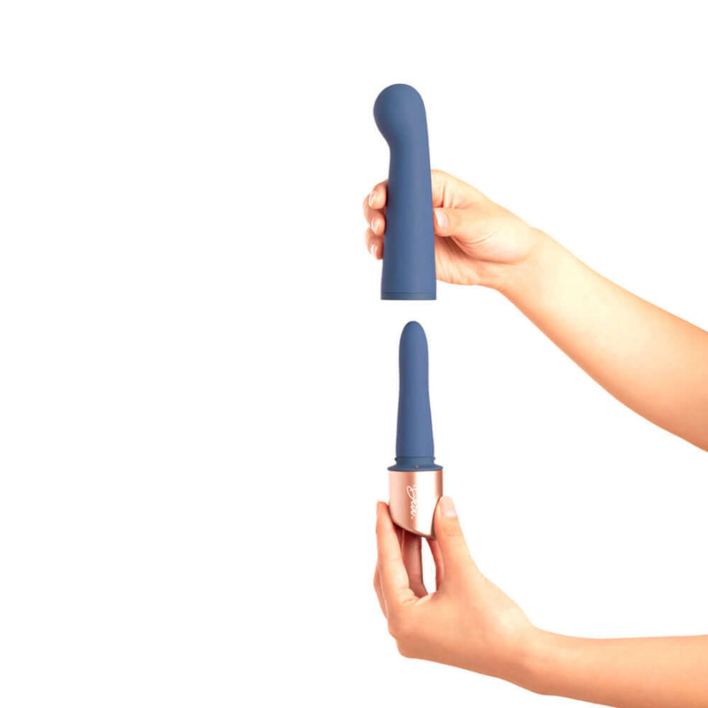 Deia The Couple G Spot and Bullet Massager Silicone Blue held in hands showcasing its two-in-one design.