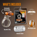 Stay Hard Clitoral Stimulating Cock Ring Set with Spiked Sleeve contents including rechargeable bullet, c-ring, and textured sleeve.