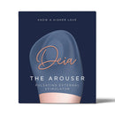 Deia The Arouser Pulsating External Stimulator Silicone Blue packaging design featuring sleek blue silicone and elegant typography.