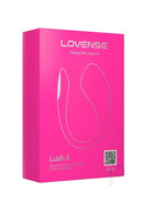 Lovense Lush 4 G-spot egg vibrator packaging in vibrant pink, featuring Bluetooth remote control for enhanced pleasure.