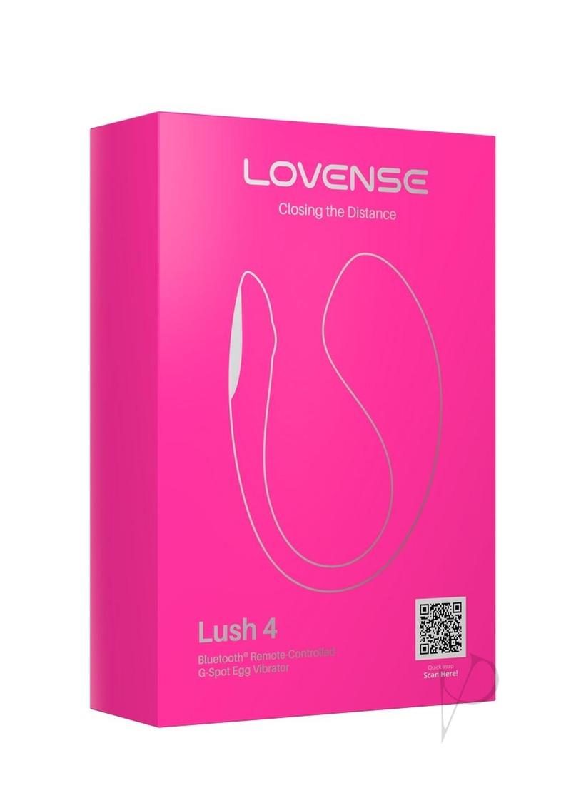 Lovense Lush 4 G-spot egg vibrator packaging in vibrant pink, featuring Bluetooth remote control for enhanced pleasure.