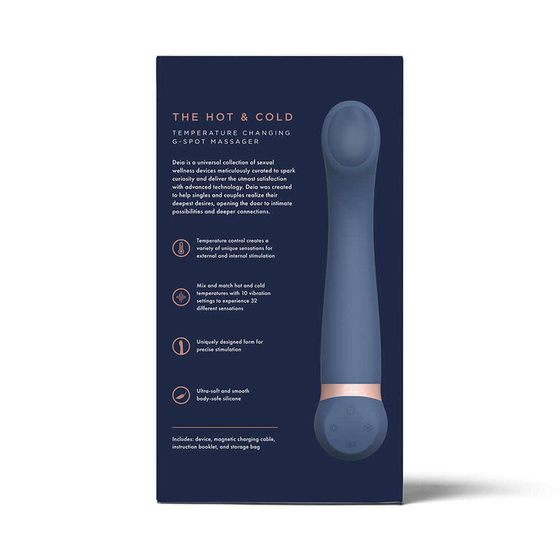 Deia The Hot Cold Temperature Changing G Spot Massager Blue packaging showcasing features and design.