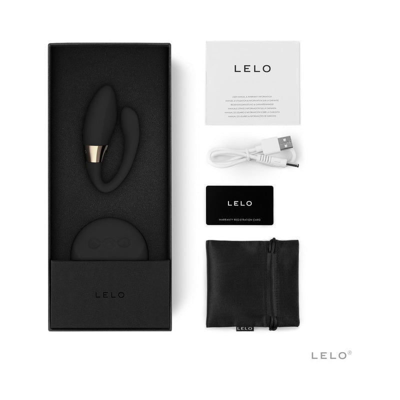 LELO TIANI DUO Dual Stimulation Couples Vibrator With Remote Black in luxurious packaging with accessories.