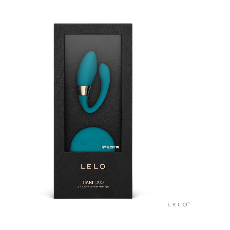 LELO TIANI DUO Dual Stimulation Couples Vibrator With Remote Blue in sleek packaging view.