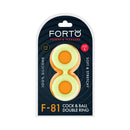 Forto F-81 Silicone Cock & Ball Double Ring Large Glow packaging showcasing soft and stretchy silicone design.
