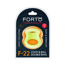 Forto F-22 Liquid Silicone Cock & Ball D-ring Small Glow product packaging showcasing its glow-in-the-dark feature.