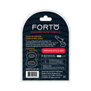 Forto F-22 Liquid Silicone Cock & Ball D-ring Small Glow product packaging with usage instructions and specifications.